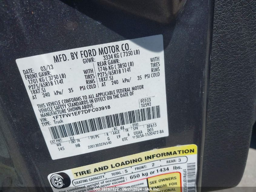 2013 Ford F-150 Lariat VIN: 1FTFW1EF7DFC03918 Lot: 39757122