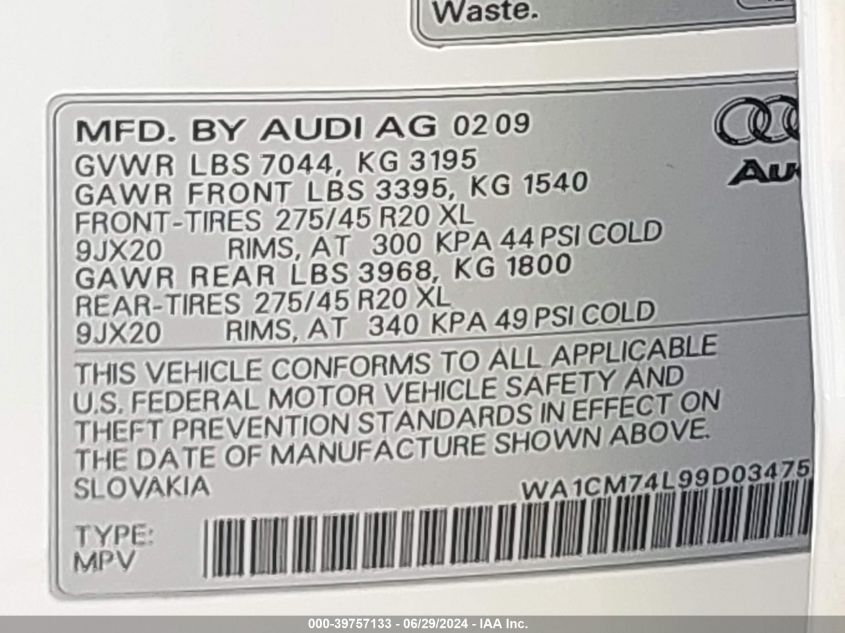 WA1CM74L99D034758 2009 Audi Q7 3.0 Tdi