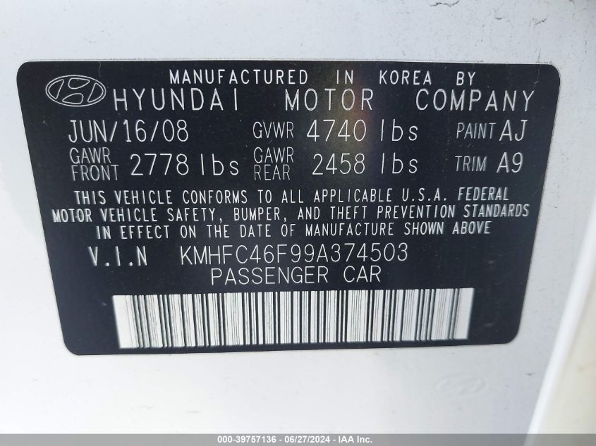 2009 Hyundai Azera Limited VIN: KMHFC46F99A374503 Lot: 39757136