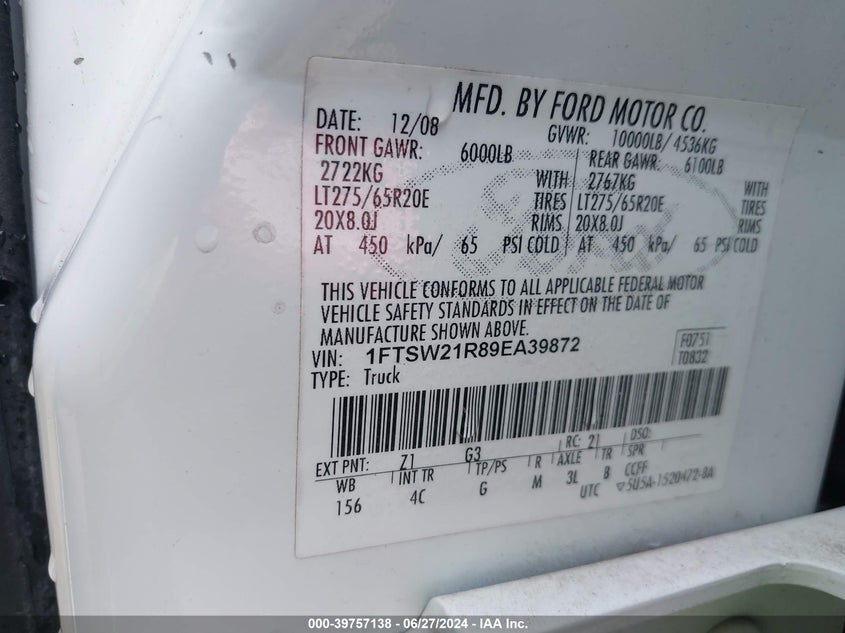 2009 Ford F-250 Lariat VIN: 1FTSW21R89EA39872 Lot: 39757138