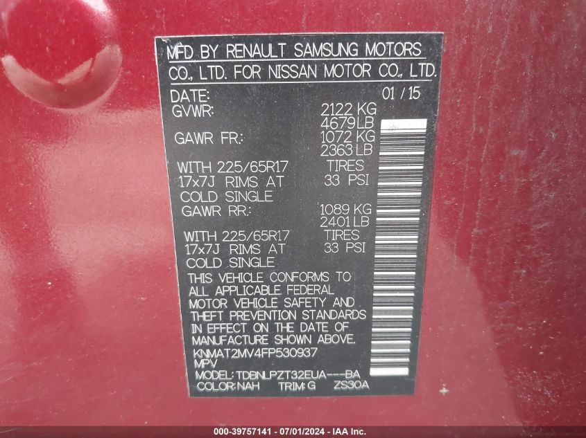 2015 Nissan Rogue S VIN: KNMAT2MV4FP530937 Lot: 39757141