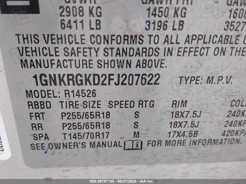 2015 Chevrolet Traverse Lt VIN: 1GNKRGKD2FJ207622 Lot: 39757148