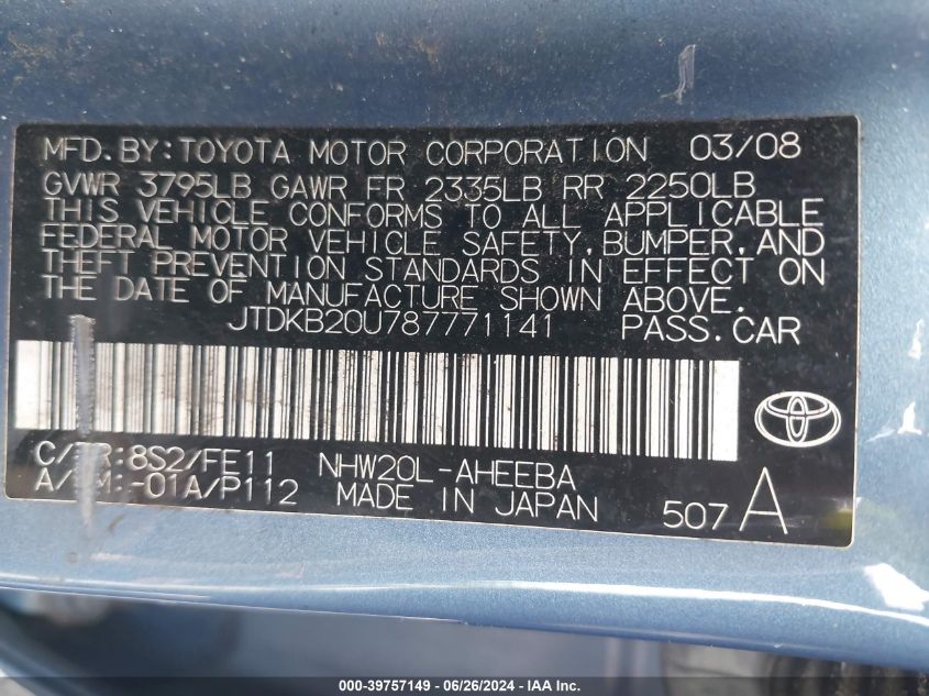 2008 Toyota Prius VIN: JTDKB20U787771141 Lot: 39757149