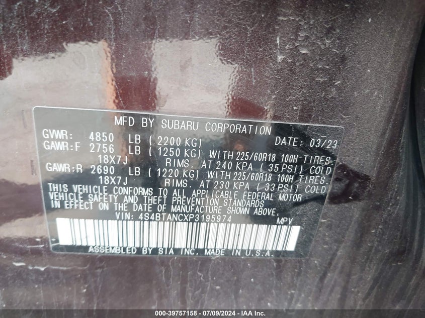 VIN 4S4BTANCXP3195974 2023 SUBARU OUTBACK LIMITED
