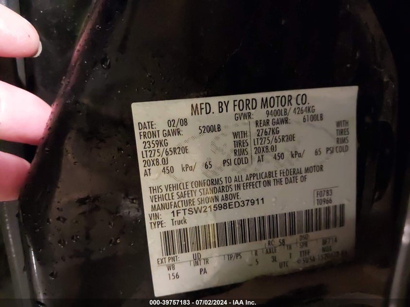 2008 Ford F-250 Fx4/King Ranch/Lariat/Xl/Xlt VIN: 1FTSW21598ED37911 Lot: 39757183