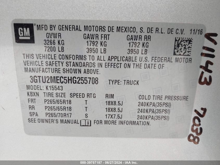 2017 GMC Sierra 1500 K1500 Sle VIN: 3GTU2MEC5HG255708 Lot: 39757187