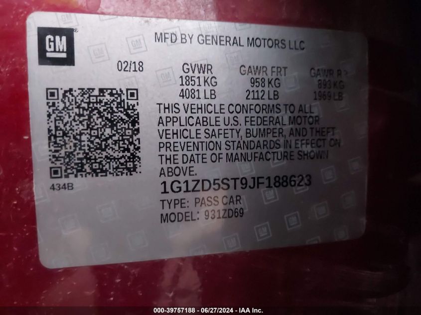 2018 Chevrolet Malibu Lt VIN: 1G1ZD5ST9JF188623 Lot: 39757188