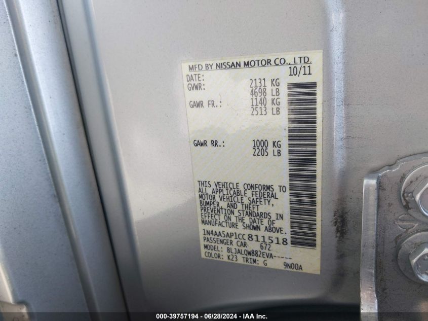 2012 Nissan Maxima 3.5 S VIN: 1N4AA5AP1CC811518 Lot: 39757194