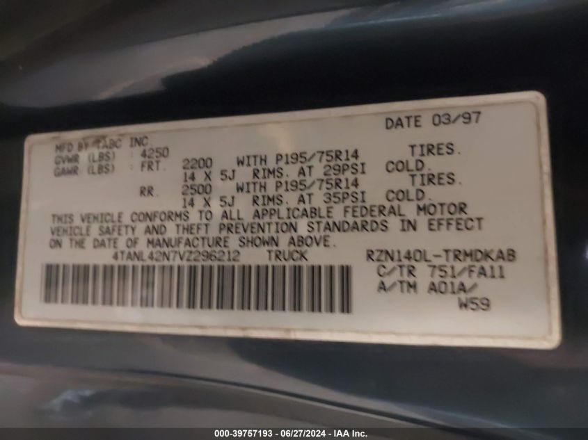 1997 Toyota Tacoma VIN: 4TANL42N7VZ296212 Lot: 39757193