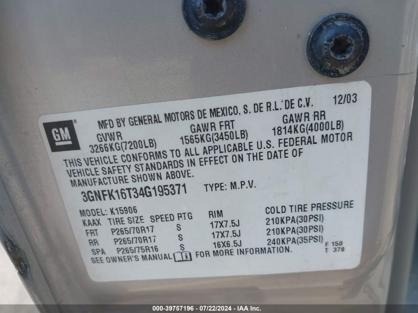 2004 Chevrolet Suburban 1500 Z71 VIN: 3GNFK16T34G195371 Lot: 39757196