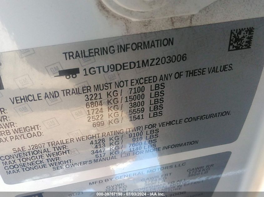 2021 GMC Sierra 1500 4Wd Standard Box Slt VIN: 1GTU9DED1MZ203006 Lot: 39757198