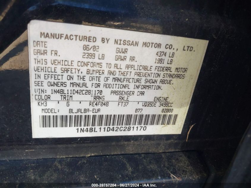 1N4BL11D42C281170 | 2002 NISSAN ALTIMA