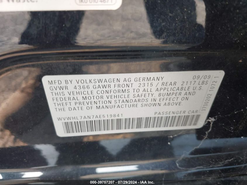 2010 Volkswagen Cc Luxury VIN: WVWHL7AN7AE519841 Lot: 39757207