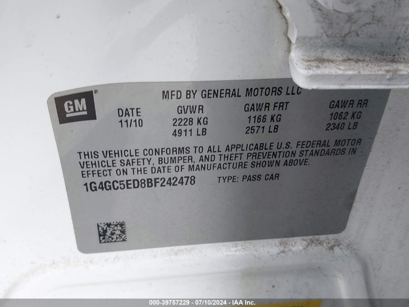 2011 Buick Lacrosse Cxl VIN: 1G4GC5ED8BF242478 Lot: 39757229