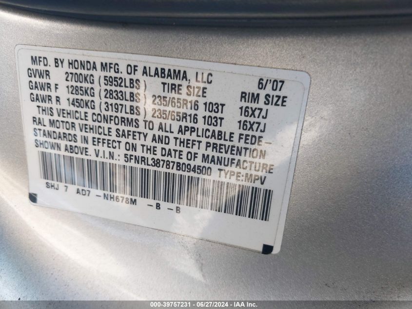 2007 Honda Odyssey Ex-L VIN: 5FNRL38787B094500 Lot: 39757231