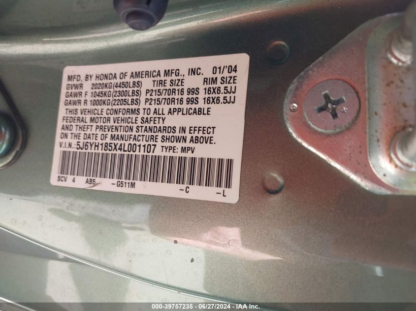 2004 Honda Element Ex VIN: 5J6YH185X4L001107 Lot: 39757235