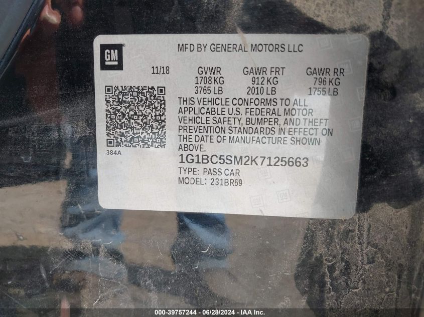 2019 Chevrolet Cruze Ls VIN: 1G1BC5SM2K7125663 Lot: 39757244