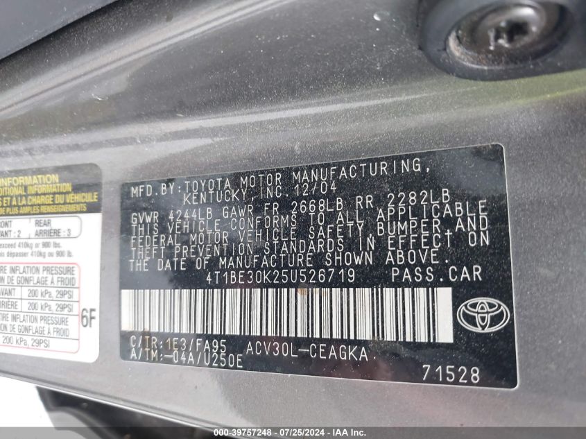 2005 Toyota Camry Xle VIN: 4T1BE30K25U526719 Lot: 39757248