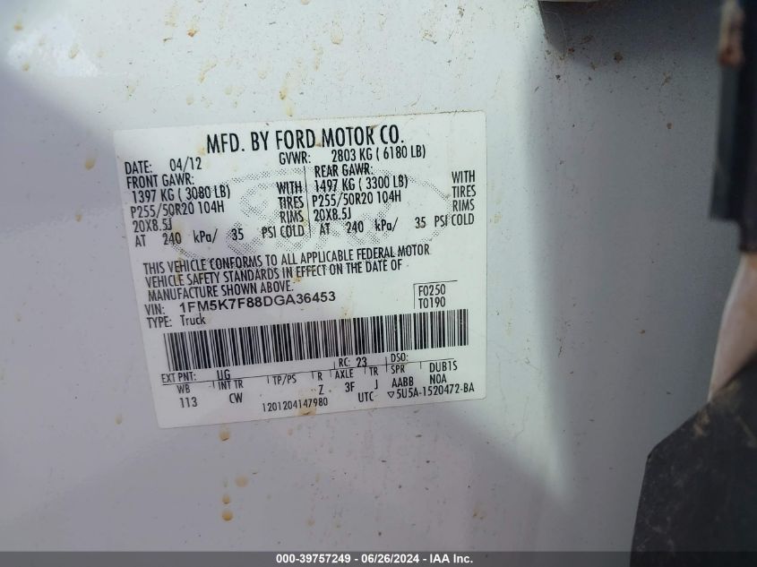 2013 Ford Explorer Limited VIN: 1FM5K7F88DGA36453 Lot: 39757249