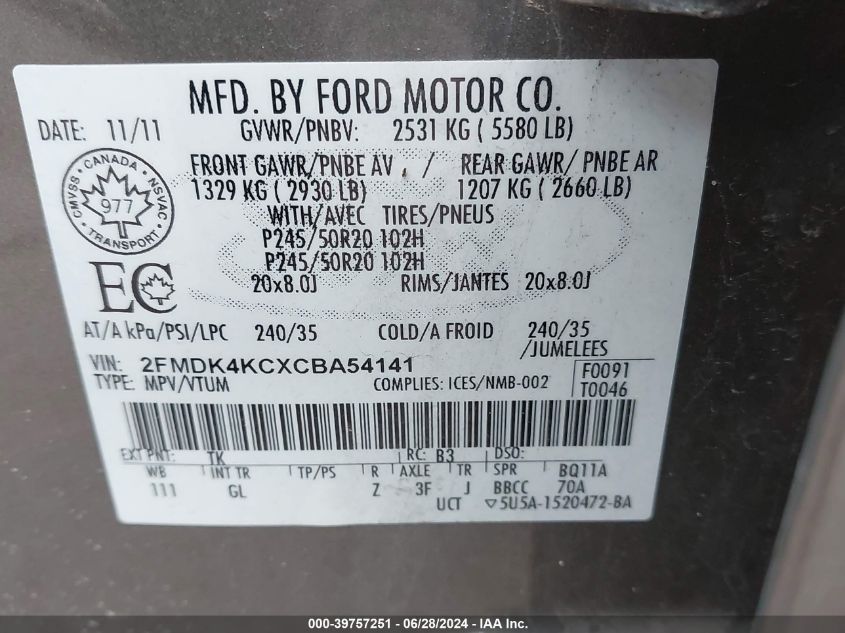 2012 Ford Edge Limited VIN: 2FMDK4KCXCBA54141 Lot: 39757251