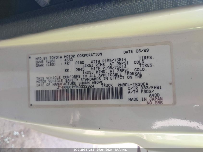 1989 Toyota Pickup 1/2 Ton Sht Wheelbase Dlx VIN: JT4RN81P9K0032824 Lot: 39757253