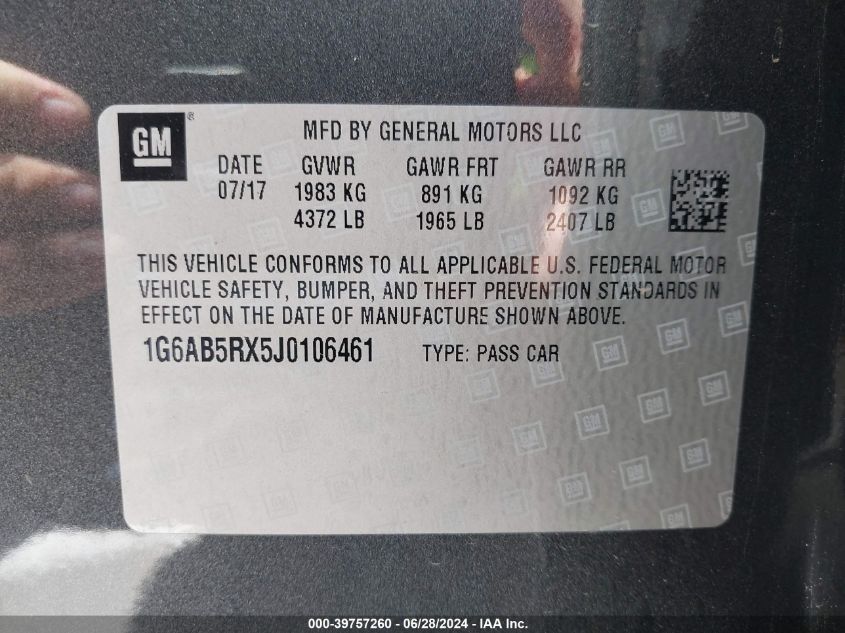 2018 Cadillac Ats Luxury VIN: 1G6AB5RX5J0106461 Lot: 39757260