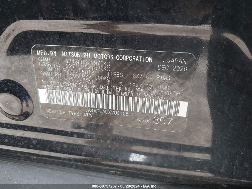 2021 Mitsubishi Outlander Sport 2.0 Be Awc/2.0 Es Awc/2.0 Le Awc/2.0 Se Awc VIN: JA4ARUAUXMU012510 Lot: 39757267