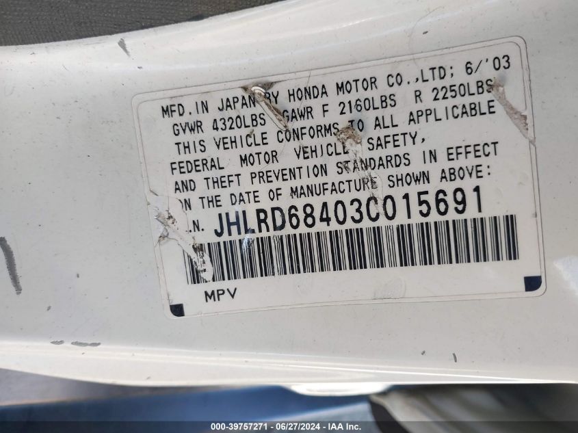 2003 Honda Cr-V Lx VIN: JHLRD68403C015691 Lot: 39757271