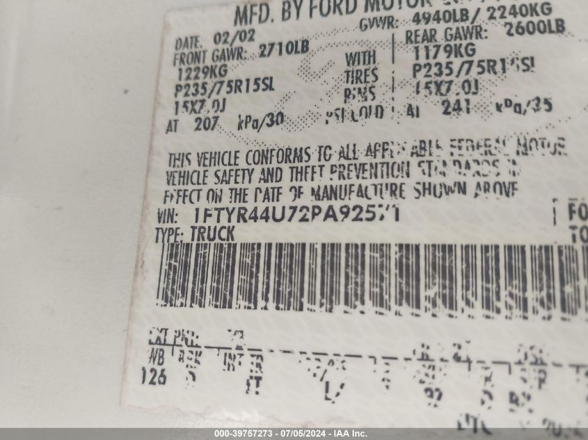 2002 Ford Ranger Edge/Tremor/Xlt VIN: 1FTYR44U72PA92571 Lot: 39757273