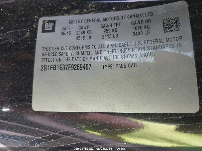 2015 Chevrolet Camaro 2Ls VIN: 2G1FB1E37F9269407 Lot: 39757283