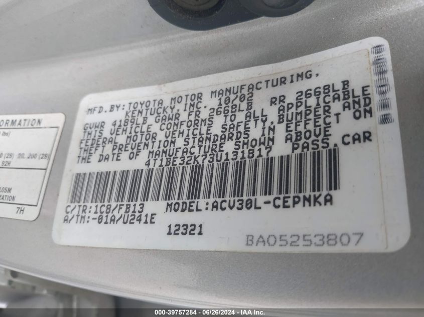 2003 Toyota Camry Le VIN: 4T1BE32K73U131817 Lot: 39757284