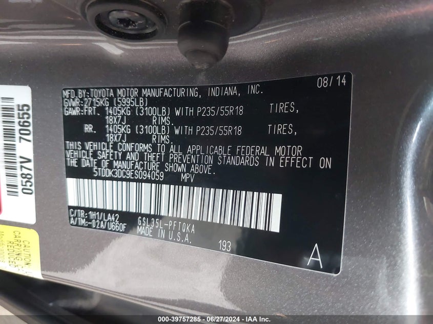 2014 Toyota Sienna Limited 7 Passenger VIN: 5TDDK3DC9ES094059 Lot: 39757285