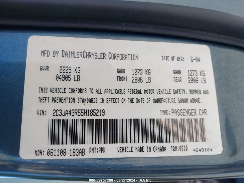 2005 Chrysler 300 VIN: 2C3JA43R55H185219 Lot: 39757288