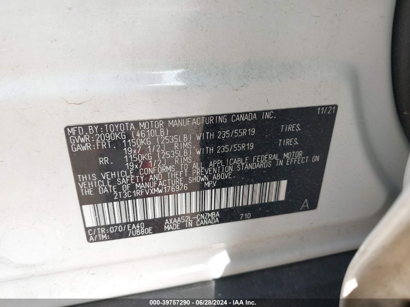 2021 Toyota Rav4 Xle Premium VIN: 2T3C1RFVXMW176976 Lot: 39757290