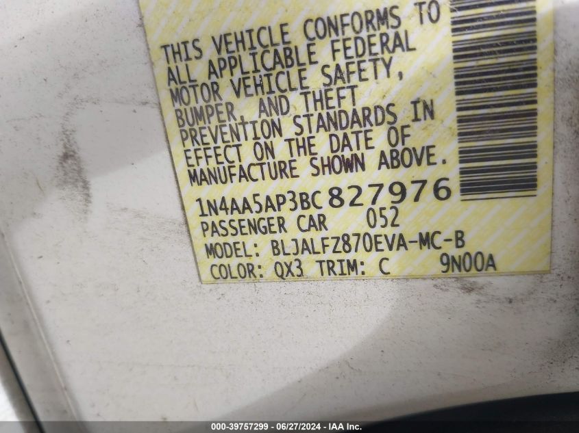 2011 Nissan Maxima 3.5 Sv W/Premium Pkg VIN: 1N4AA5AP3BC827976 Lot: 39757299