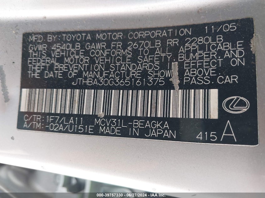 2006 Lexus Es 330 VIN: JTHBA30G365161375 Lot: 39757330