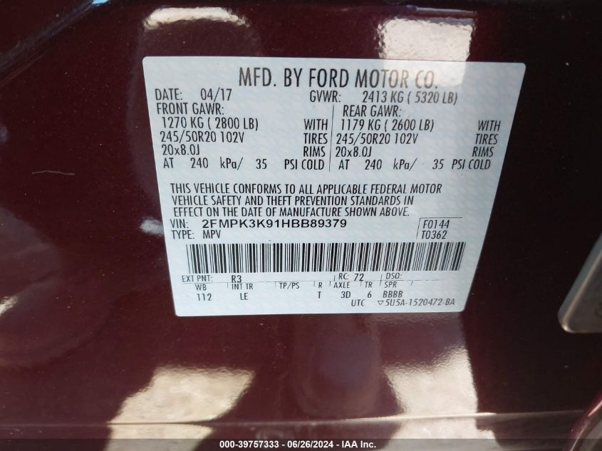 2017 Ford Edge Titanium VIN: 2FMPK3K91HBB89379 Lot: 39757333