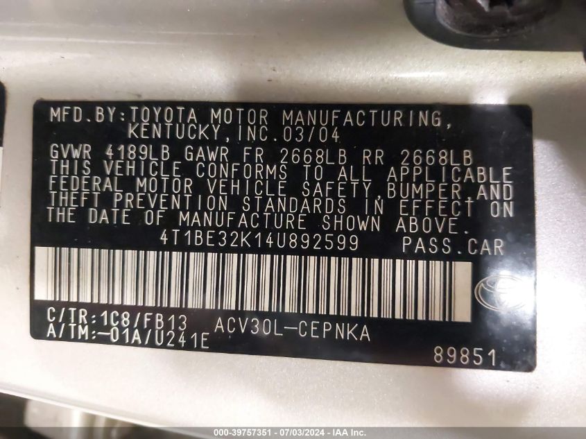 2004 Toyota Camry Le VIN: 4T1BE32K14U892599 Lot: 39757351