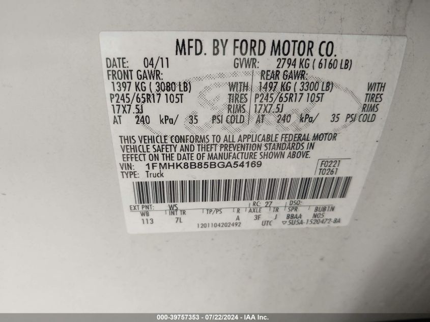 2011 Ford Explorer VIN: 1FMHK8B85BGA54169 Lot: 39757353