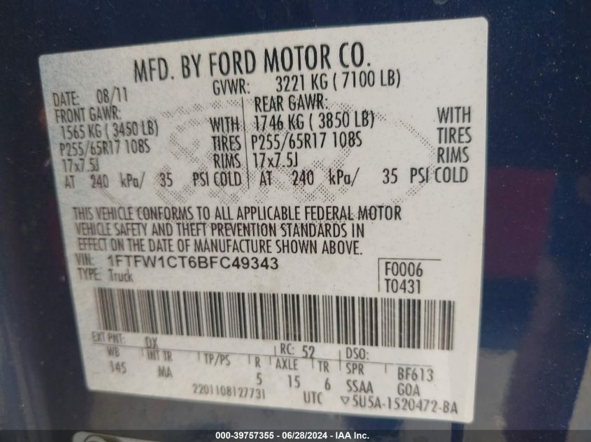 2011 Ford F150 Supercrew VIN: 1FTFW1CT6BFC49343 Lot: 39757355