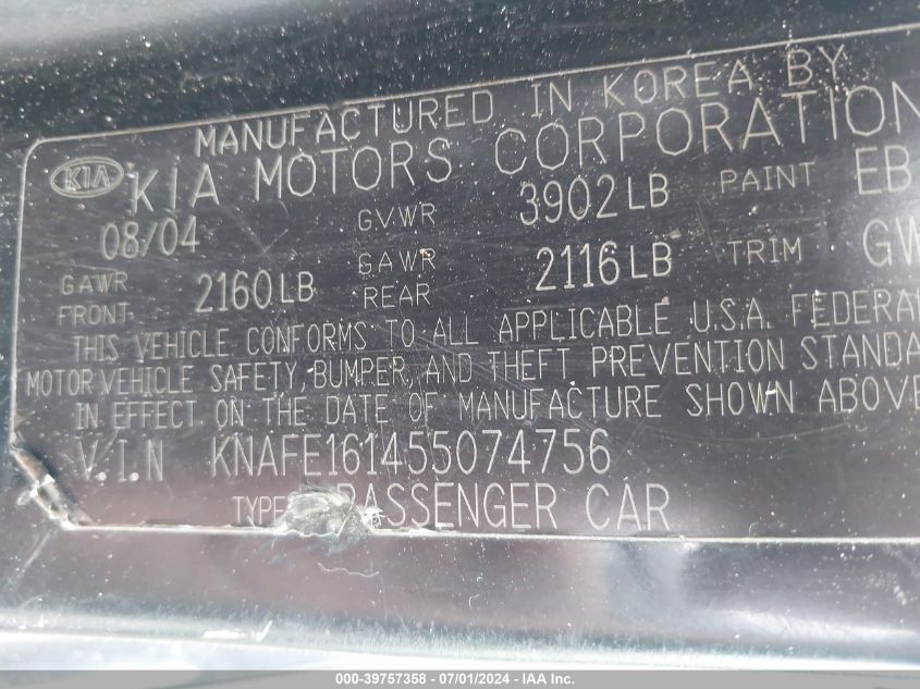 2005 Kia Spectra5 VIN: KNAFE161455074756 Lot: 39757358