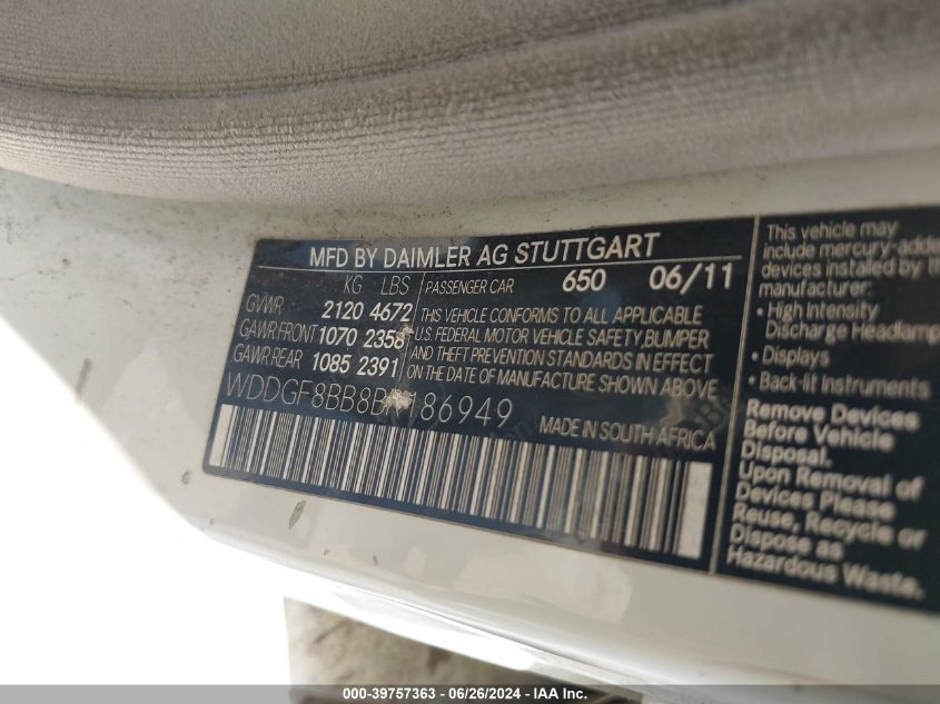 2011 Mercedes-Benz C 300 Luxury 4Matic/Sport 4Matic VIN: WDDGF8BB8BR186949 Lot: 39757363