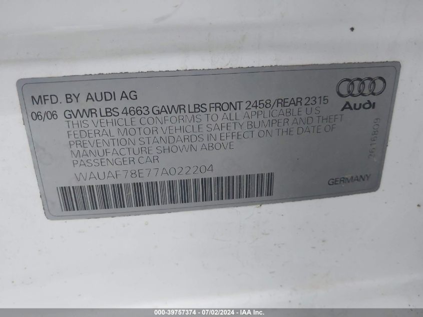 2007 Audi A4 2.0T VIN: WAUAF78E77A022204 Lot: 39757374