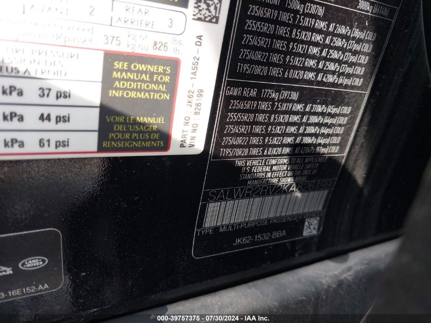 2019 Land Rover Range Rover Sport Hse VIN: SALWR2RV2KA826199 Lot: 39757375