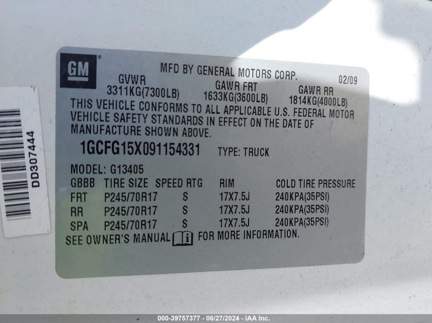 2009 Chevrolet Express 1500 Work Van VIN: 1GCFG15X091154331 Lot: 39757377