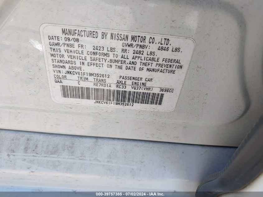 2009 Infiniti G37 VIN: JNKCV61F19M352612 Lot: 39757385