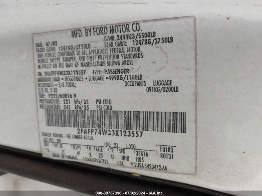 2003 Ford Crown Victoria Lx VIN: 2FAFP74W33X123557 Lot: 39757398