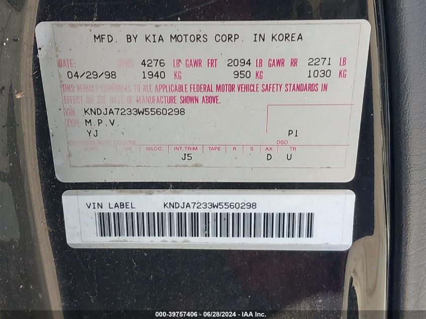 1998 Kia Sportage Base (M5)/Ex VIN: KNDJA7233W5560298 Lot: 39757406