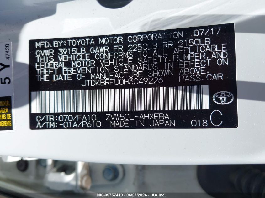 2017 Toyota Prius Two VIN: JTDKBRFU0H3049226 Lot: 39757419