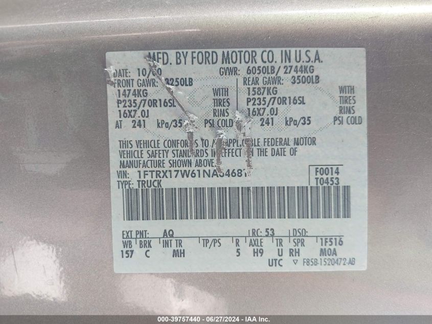 2001 Ford F-150 Lariat/Xl/Xlt VIN: 1FTRX17W61NA64681 Lot: 39757440